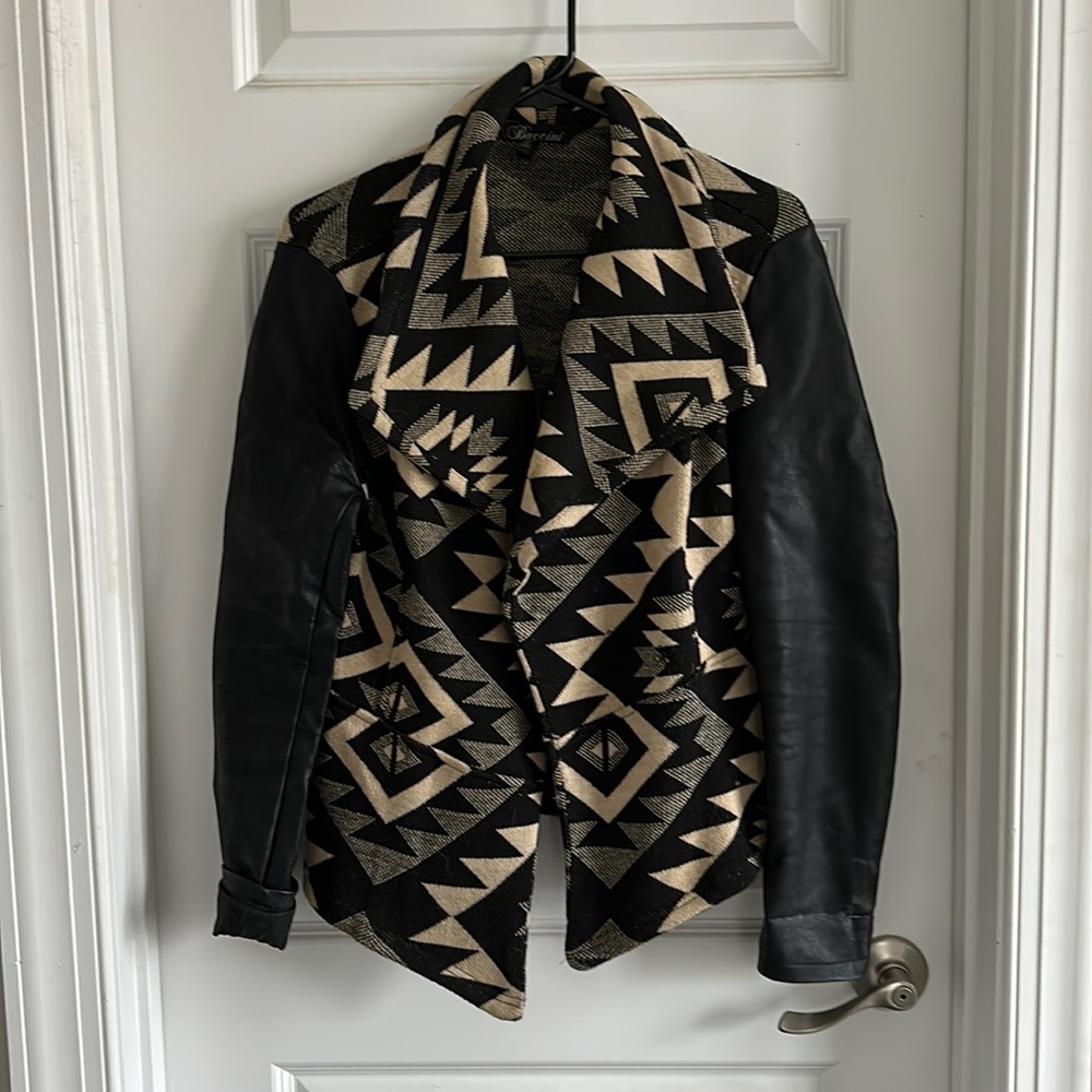 Southwestern Printed Jacket with Faux Leather Sleeves